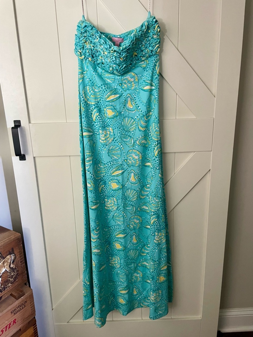 Lilly Pulitzer Teal Strapless MaxiDress with Yellow and White Shell/ Oysters